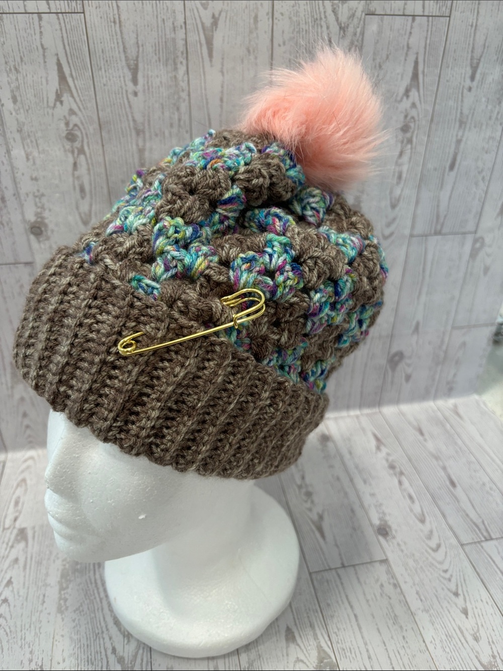 Kids Brown Knit Beanie with Pink Faux Fur Pom and Multicolor Stitching